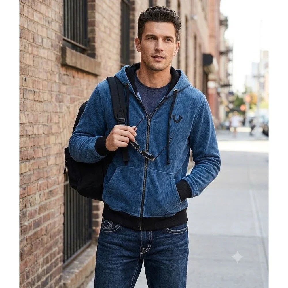 True Religion Mens Blue Corduroy Full Zip Hoodie Jacket Sz Large Buddha Graphic